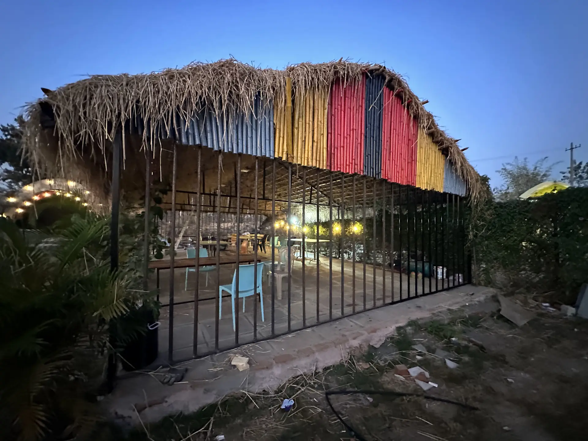 Thatched dining pavilion at the Ananthagiri camp
